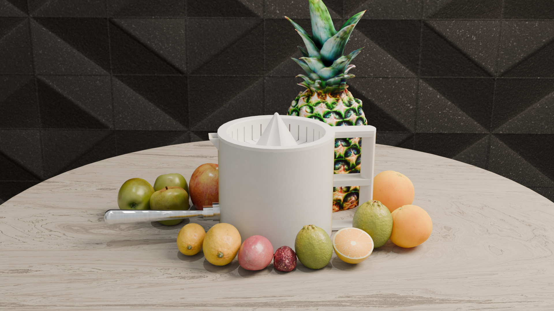 Rendered SolidWorks fruit juicer design displayed with assorted fruit
