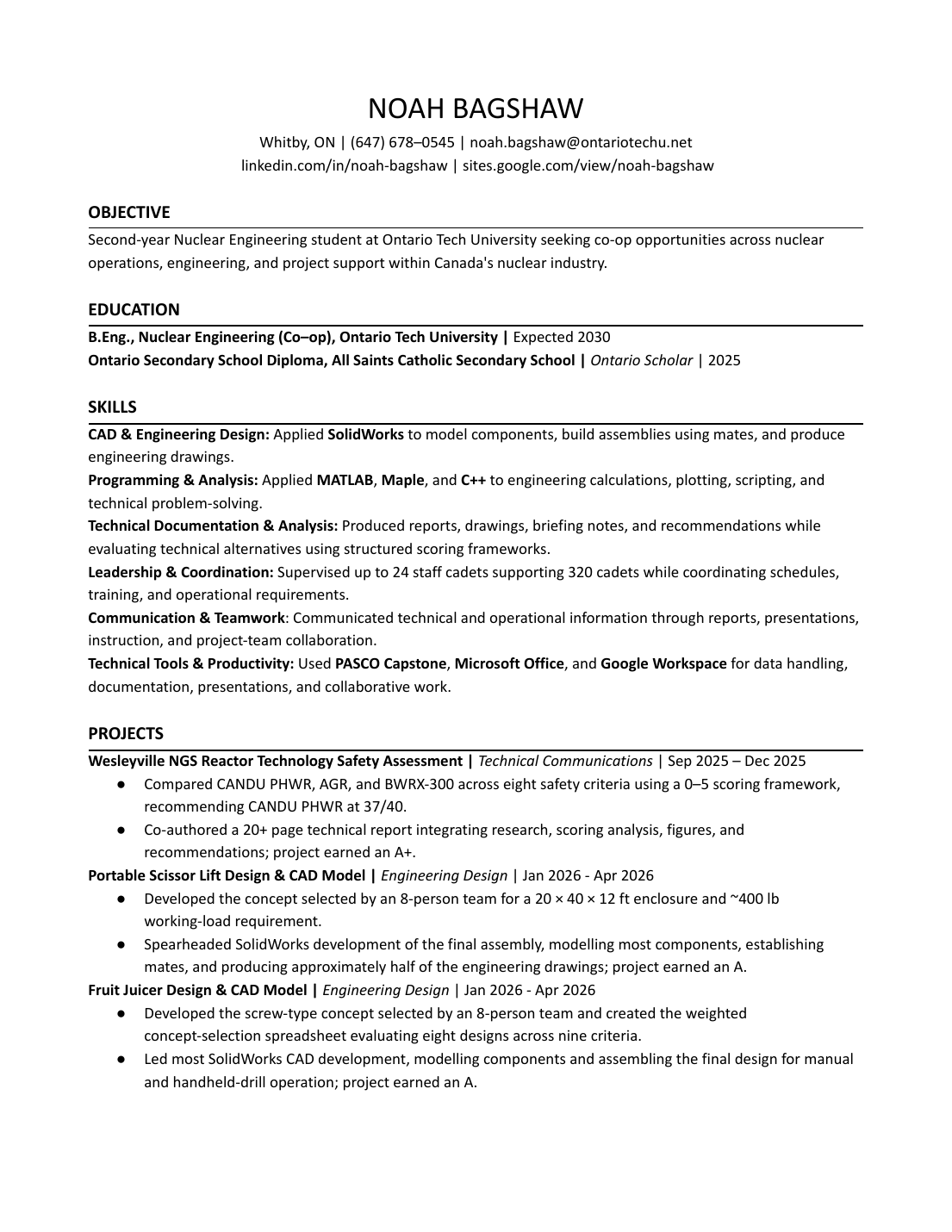 Preview of the first page of Noah Bagshaw's résumé